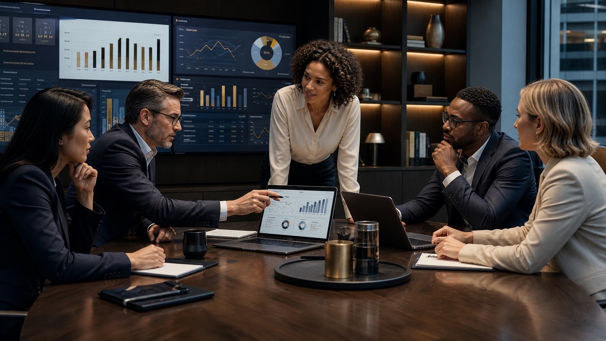 A finance and procurement team reviewing decision dashboards in a modern workspace