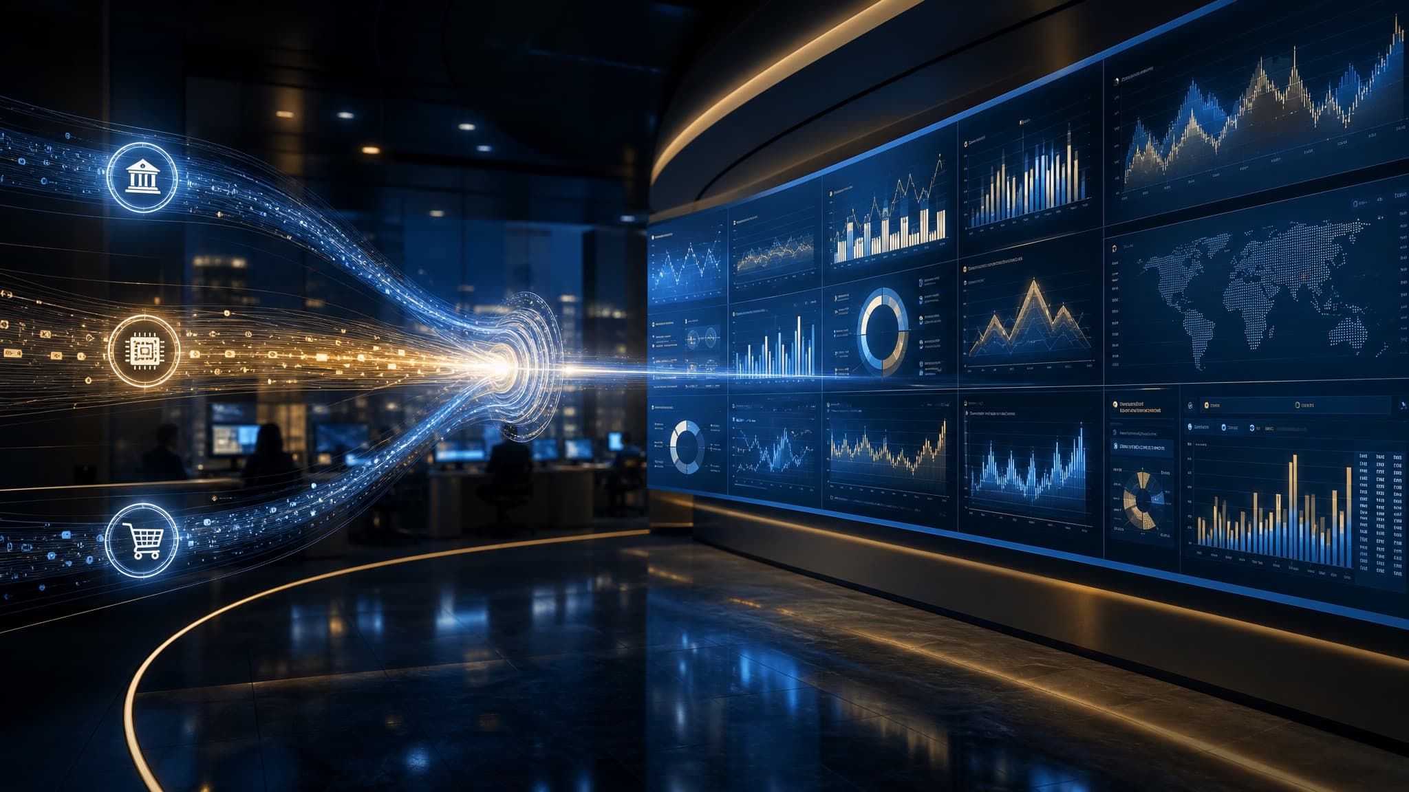 Fragmented enterprise data converging into trusted reporting dashboards